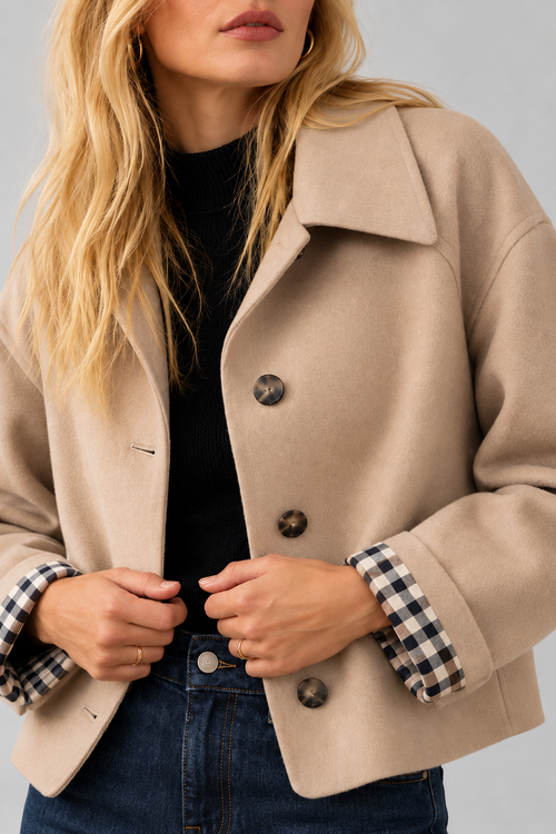 KAYO | BEIGE OVERSIZED NOTCHED-LAPEL JACKET WITH CHECKERED CUFFS